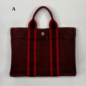 Hermes Fourre Tout Mini Canvas Tote Bag Brown and Red